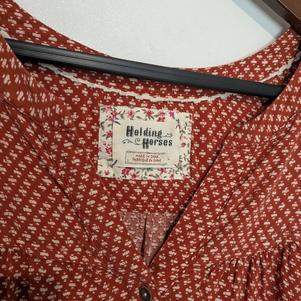 Anthropologie Red Orange Ditsy Blouse Holding Horses L Tiered Cottage - Picture 6 of 6